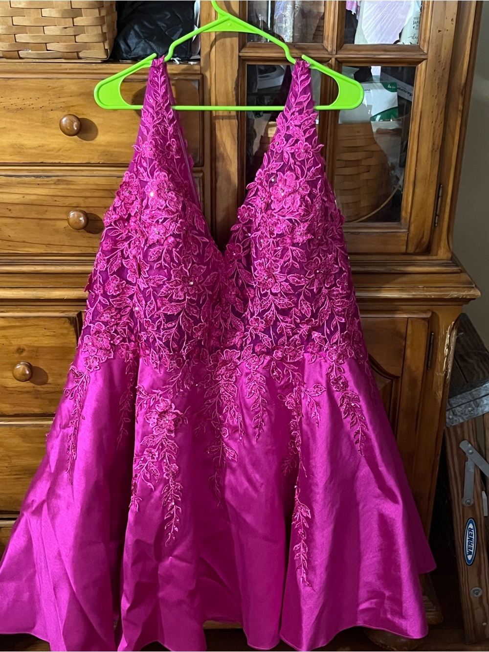 Mori Lee Fuchsia Floral Appliqué V-Neck A-Line Dress